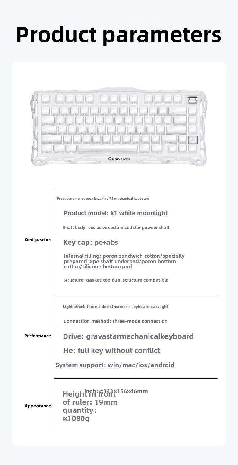 GravaStar K1 Lite E-sports Mechanical keyboard Hot-swap Tri-mode Gasket Gaming keyboard Long Batter Life For PC Gamer Gifts