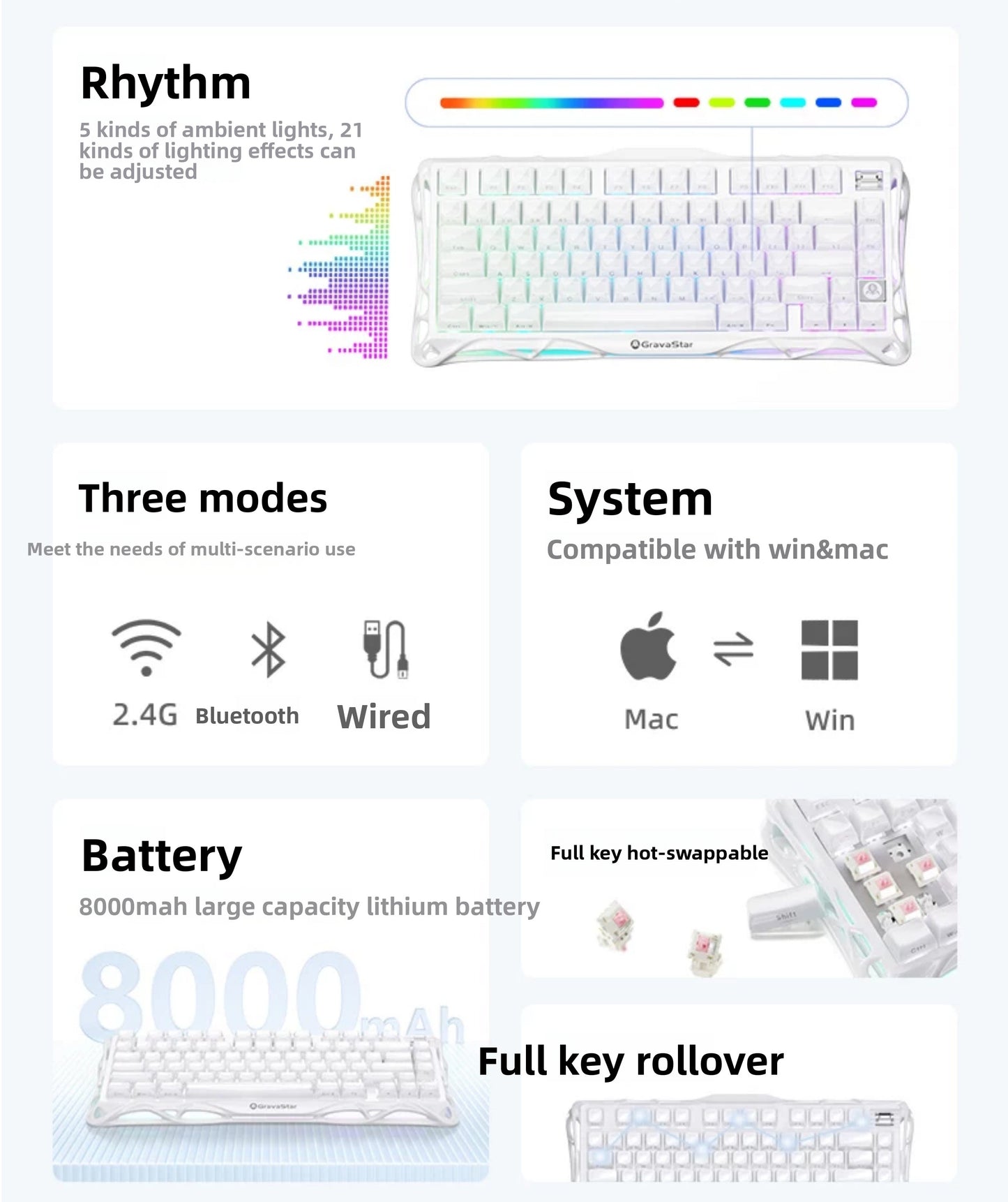 GravaStar K1 Lite E-sports Mechanical keyboard Hot-swap Tri-mode Gasket Gaming keyboard Long Batter Life For PC Gamer Gifts