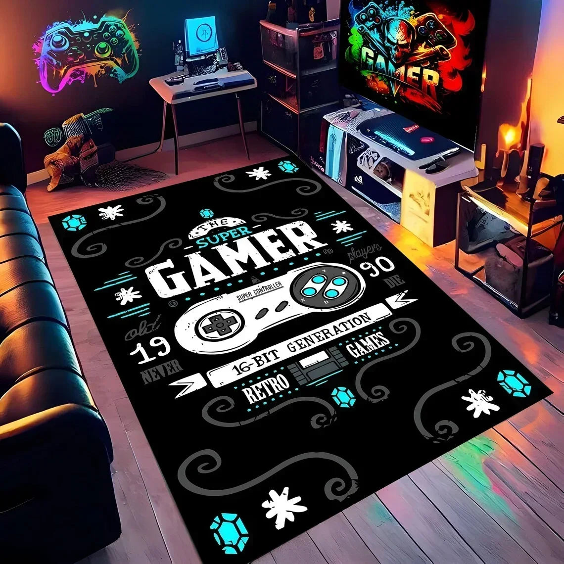 Gaming Rug for Boys Room Gamer Rug with Controller Design Carpet for Game Room Bedroom Decor Non-slip Machine Washab Mat