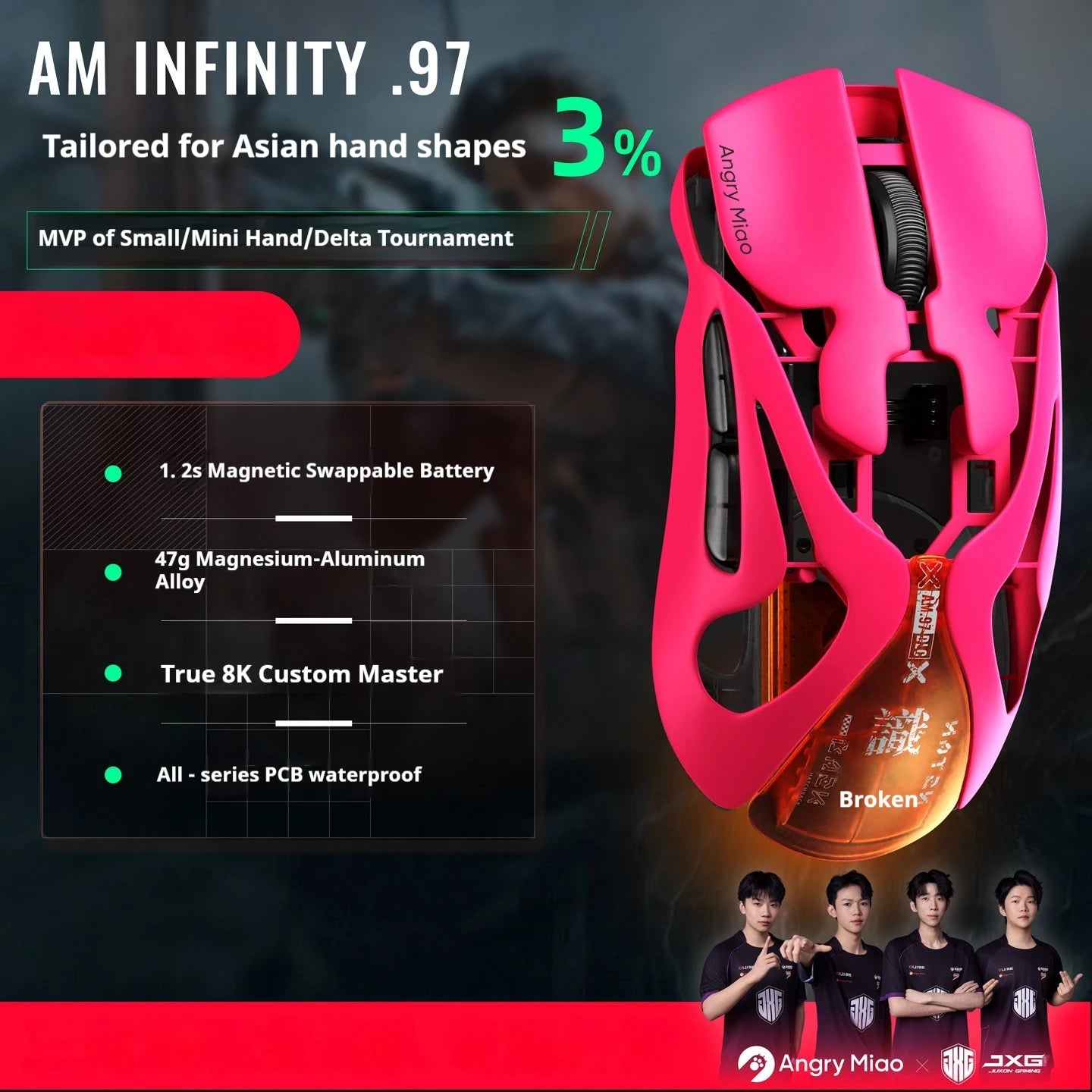 AngryMiao AM Infinity.97 Mouse Tri-mode 47g Ultra Lightweight Magnesium Alloy 8K Anti-jamming 1.2s Magnetic Charge Gaming Mouse