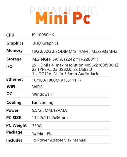 2026 Portable Mini PC Gamer Windows 11 Intel Core i9-10980HK Gaming PC 16/32GB RAM 1TB SSD WiFi 6 BT5.2 60Hz Desktop Pc Computer