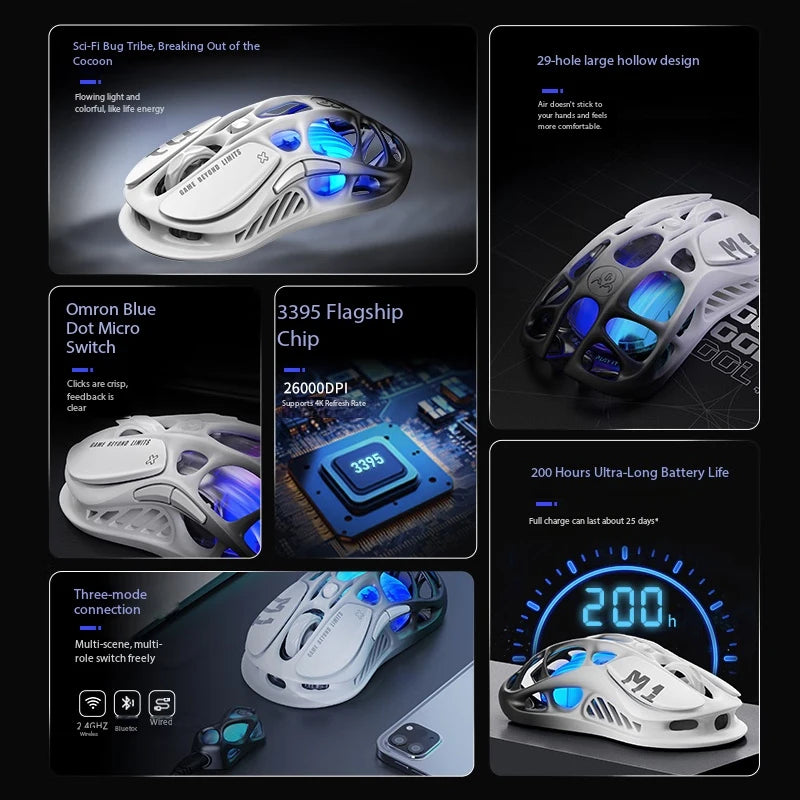 GravaStar Mercury M1 Pro  (Gradient Black) Gaming Mouse, Lightweight Magnesium Alloy, PAW3395DM Sensor Support Wired/2.4GHz/BT