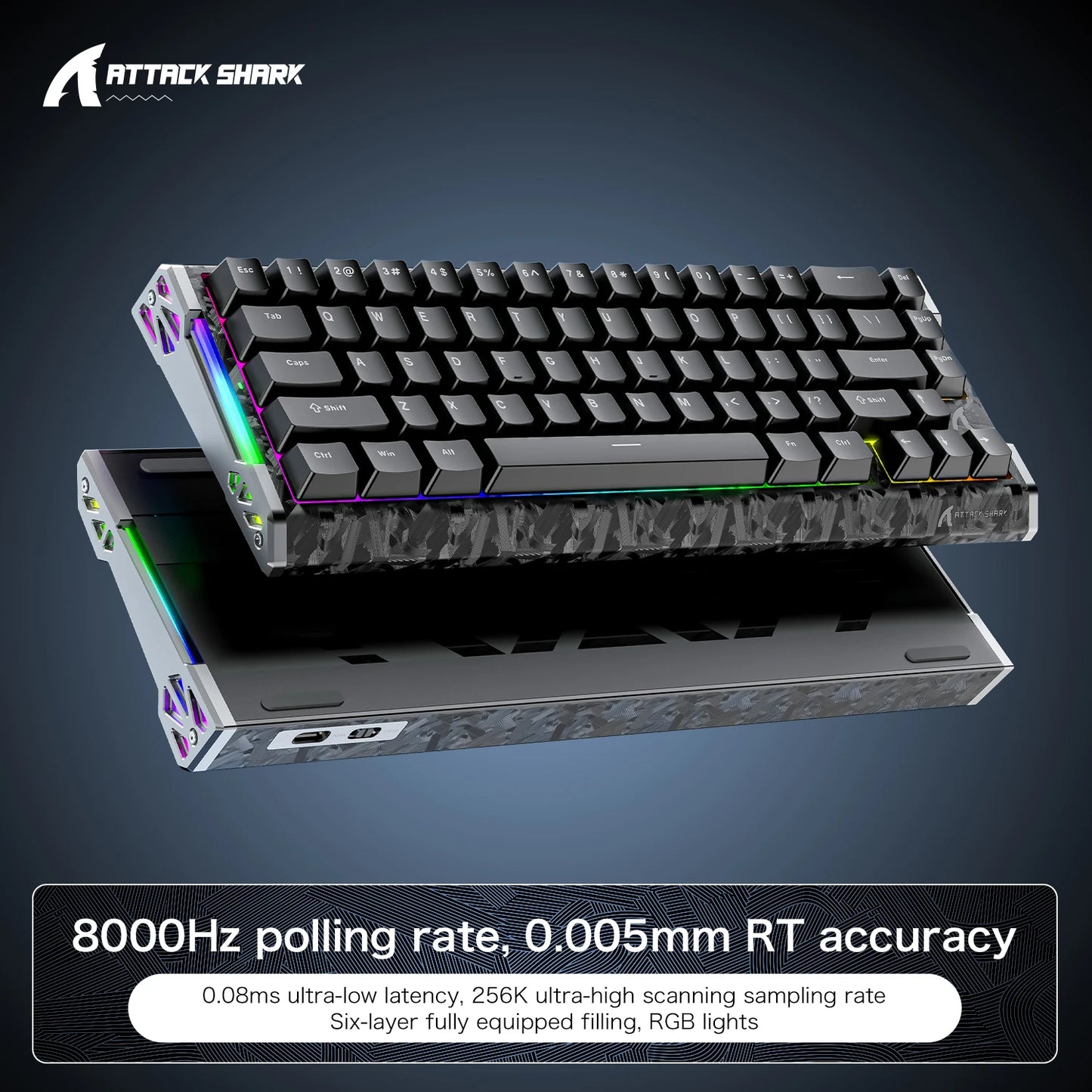 ATTACK SHARK R68 HE 8000Hz Carbon Fiber Rapid Trigger Gaming Keyboard, 60% RGB Hall Effect Wired Magnetic Keyboard, CNC Aluminum