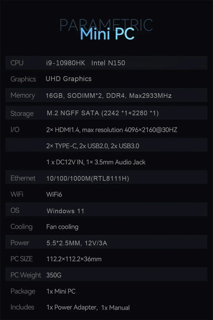 Mini PC Intel Core i9 10980HK N150 Computer Gaming PC 16GB 32GB RAM 1TB M.2 SSD Windows 11 Pro WiFi 6 BT5.2 UHD Gamer Desktop PC