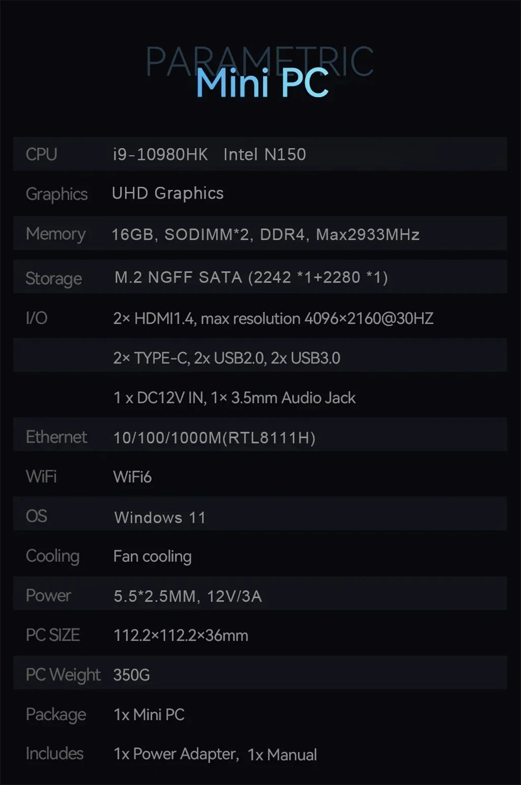 Mini PC Intel Core i9 10980HK N150 Computer Gaming PC 16GB 32GB RAM 1TB M.2 SSD Windows 11 Pro WiFi 6 BT5.2 UHD Gamer Desktop PC