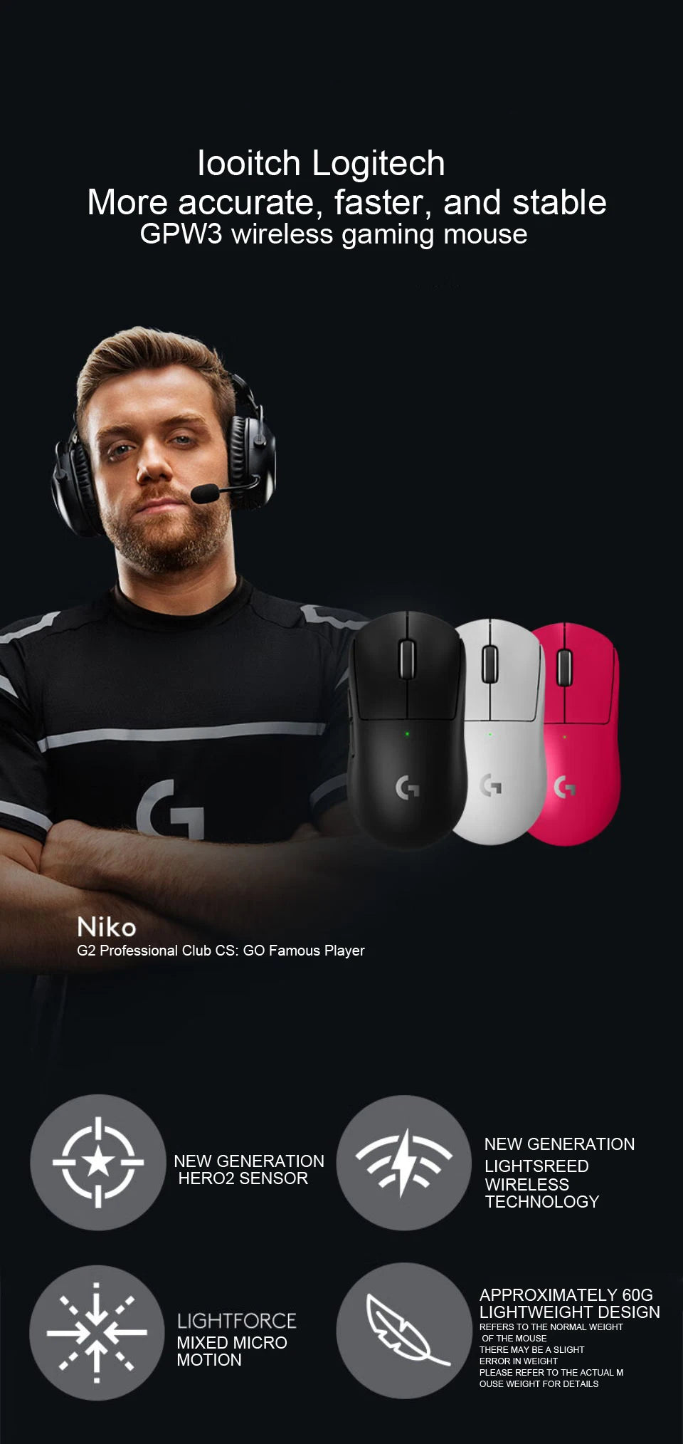 LogitechG PRO X SUPERLIGHT 2 Wireless Gaming Mouse 8000Hz 32000DPI 60g Lightweight for FPS MOBA eSports