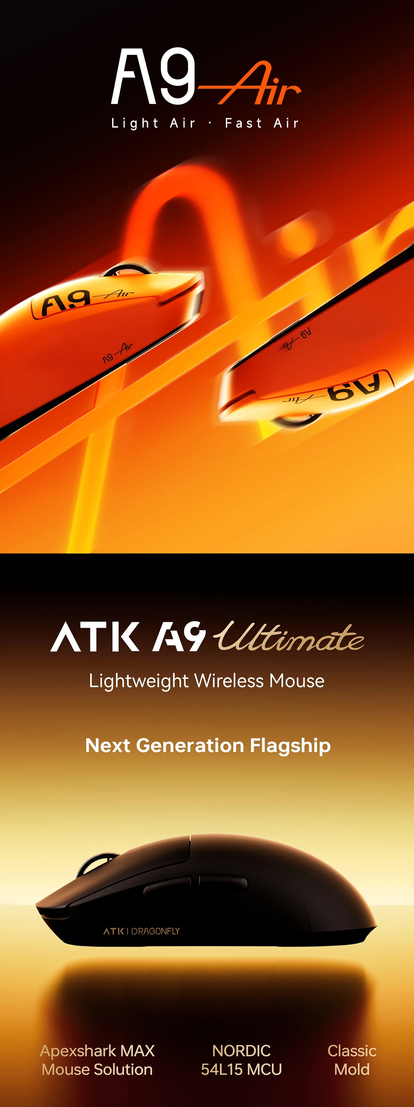 ATK A9 Air Ultimate Wireless Gaming Mouse Tri-Model Dual 8KHz PAW3950UItra 42000DPI 750IPS 53g Lightweight Ergonomic E-sports