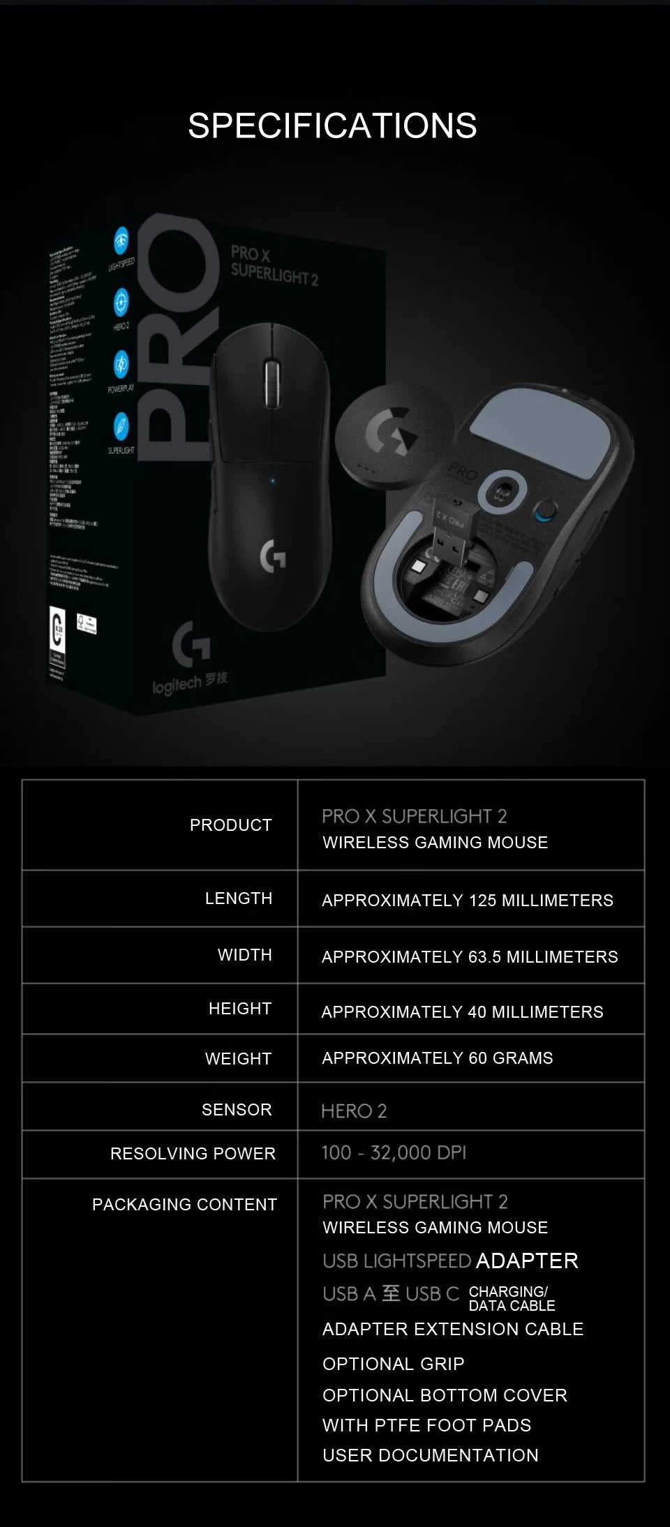 LogitechG PRO X SUPERLIGHT 2 Wireless Gaming Mouse 8000Hz 32000DPI 60g Lightweight for FPS MOBA eSports