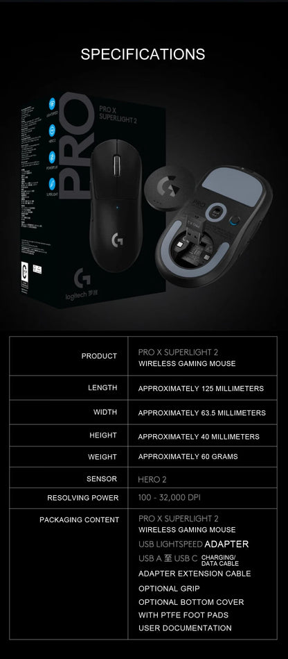 LogitechG PRO X SUPERLIGHT 2 Wireless Gaming Mouse 8000Hz 32000DPI 60g Lightweight for FPS MOBA eSports