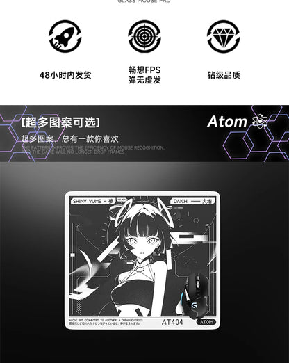 Glass Gaming Mouse Pad Customizable Pattern Tempered ATOM Mousepads Smooth Gaming Desk Mat FPS Esports Office Gaming Accessories