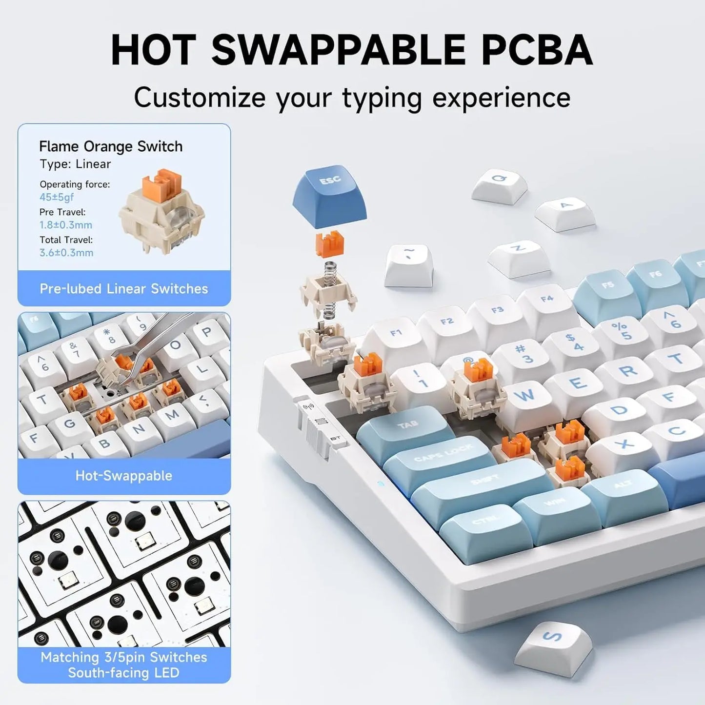 MCHOSE G98 V2 Wireless Mechanical Gaming Keyboard Tri-Mode Custom Hot Swappable Gasket Linear Switches PBT Keycaps RGB LED