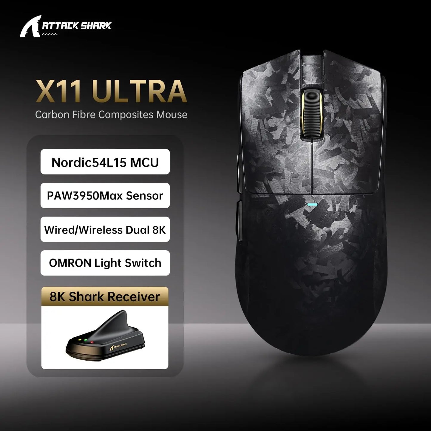 MAMBASNAKE X ATTACK SHARK X11ULTRA Tri‑Mode Wireless Gaming Mouse PAW3950MAX 42000 DPI Carbon Fiber 8000Hz 63g Ultralight For PC