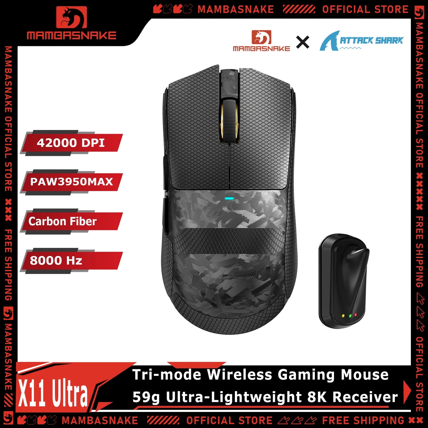 MAMBASNAKE X ATTACK SHARK X11ULTRA Tri‑Mode Wireless Gaming Mouse PAW3950MAX 42000 DPI Carbon Fiber 8000Hz 63g Ultralight For PC