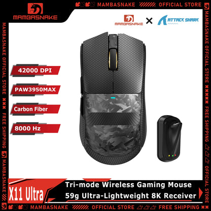 MAMBASNAKE X ATTACK SHARK X11ULTRA Tri‑Mode Wireless Gaming Mouse PAW3950MAX 42000 DPI Carbon Fiber 8000Hz 63g Ultralight For PC