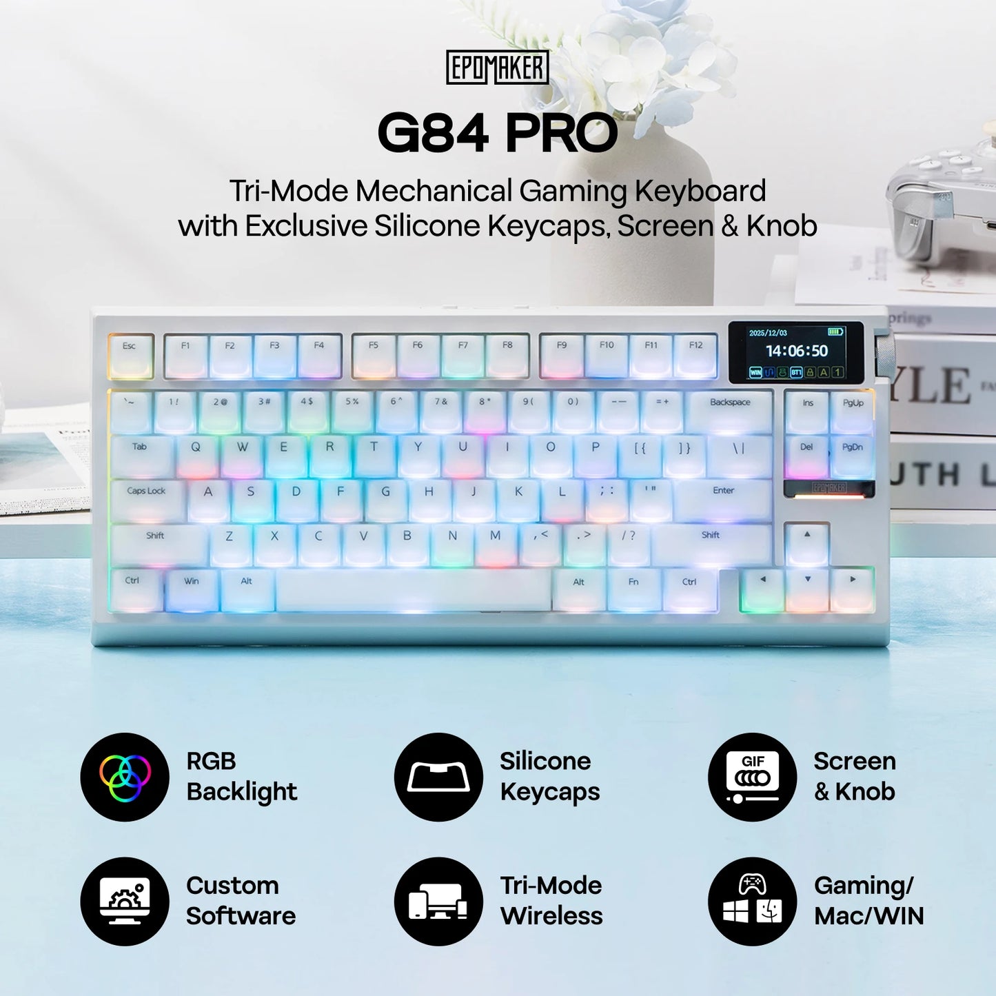 EPOMAKER G84 PRO 80% ANSI US QWERTY Layout Wired/Bluetooth/2.4Ghz Wireless Mechanical Gaming Keyboard Glass Screen & Metal Knob