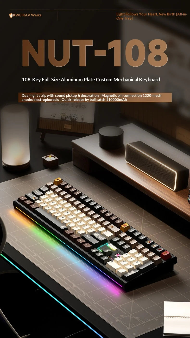 WEIKAV NUT108 Mechanical Keyboard Aluminum Alloy Wireless Tri Mode Double GASKET Structure Office Gaming Keyboard PC Accessory
