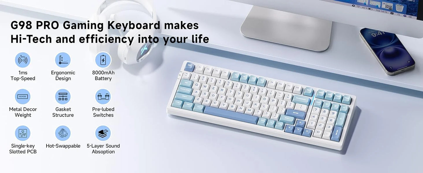 MCHOSE G98 V2 Wireless Mechanical Gaming Keyboard Tri-Mode Custom Hot Swappable Gasket Linear Switches PBT Keycaps RGB LED