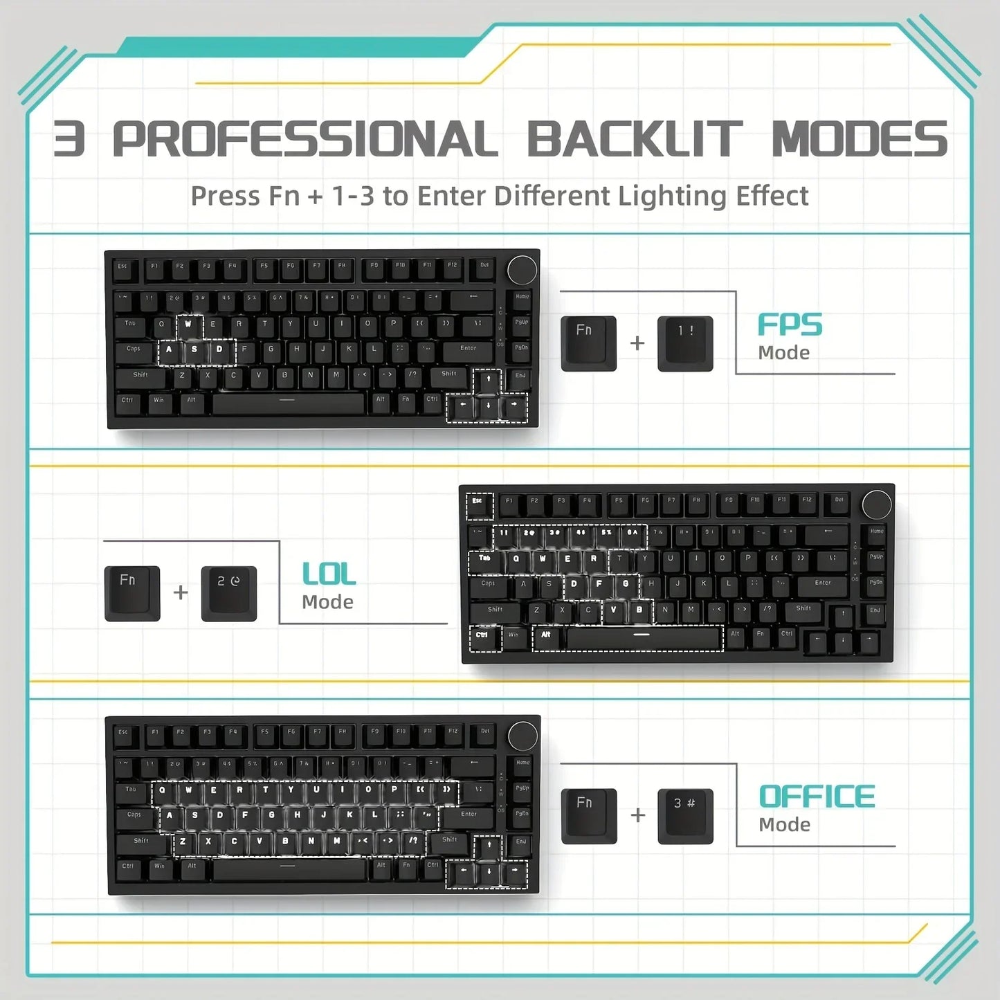 AJAZZ AK820 Wired Mechanical Gaming Keyboard 75% Layout 82 Key Hot-Swappable Design Metal Volume Knob Ideal Esports Office Use