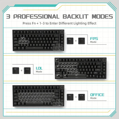 AJAZZ AK820 Wired Mechanical Gaming Keyboard 75% Layout 82 Key Hot-Swappable Design Metal Volume Knob Ideal Esports Office Use