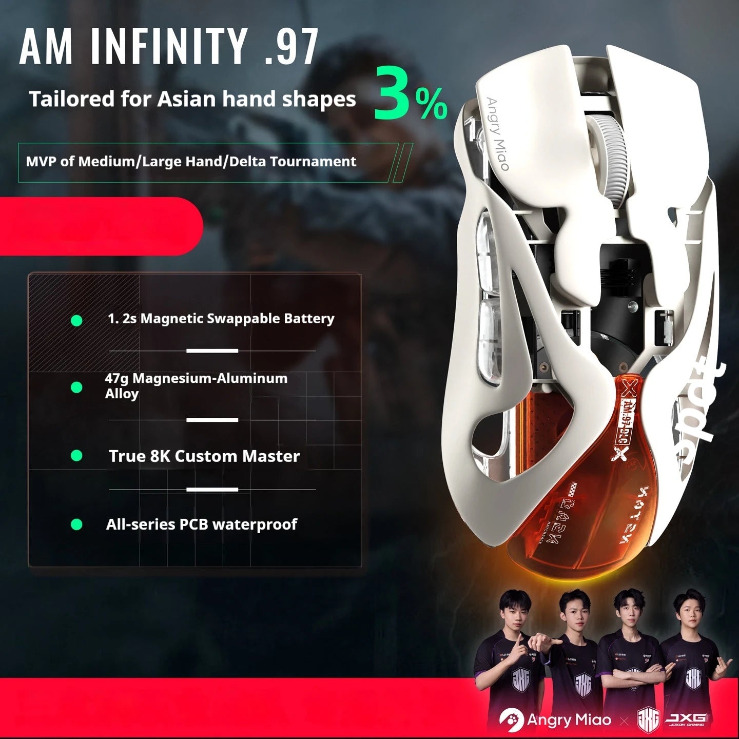 AngryMiao AM Infinity.97 Mouse Tri-mode 47g Ultra Lightweight Magnesium Alloy 8K Anti-jamming 1.2s Magnetic Charge Gaming Mouse