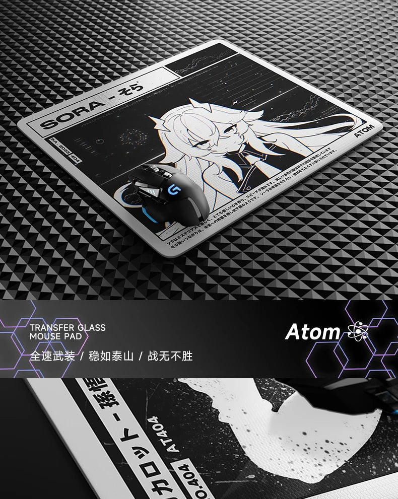 Glass Gaming Mouse Pad Customizable Pattern Tempered ATOM Mousepads Smooth Gaming Desk Mat FPS Esports Office Gaming Accessories
