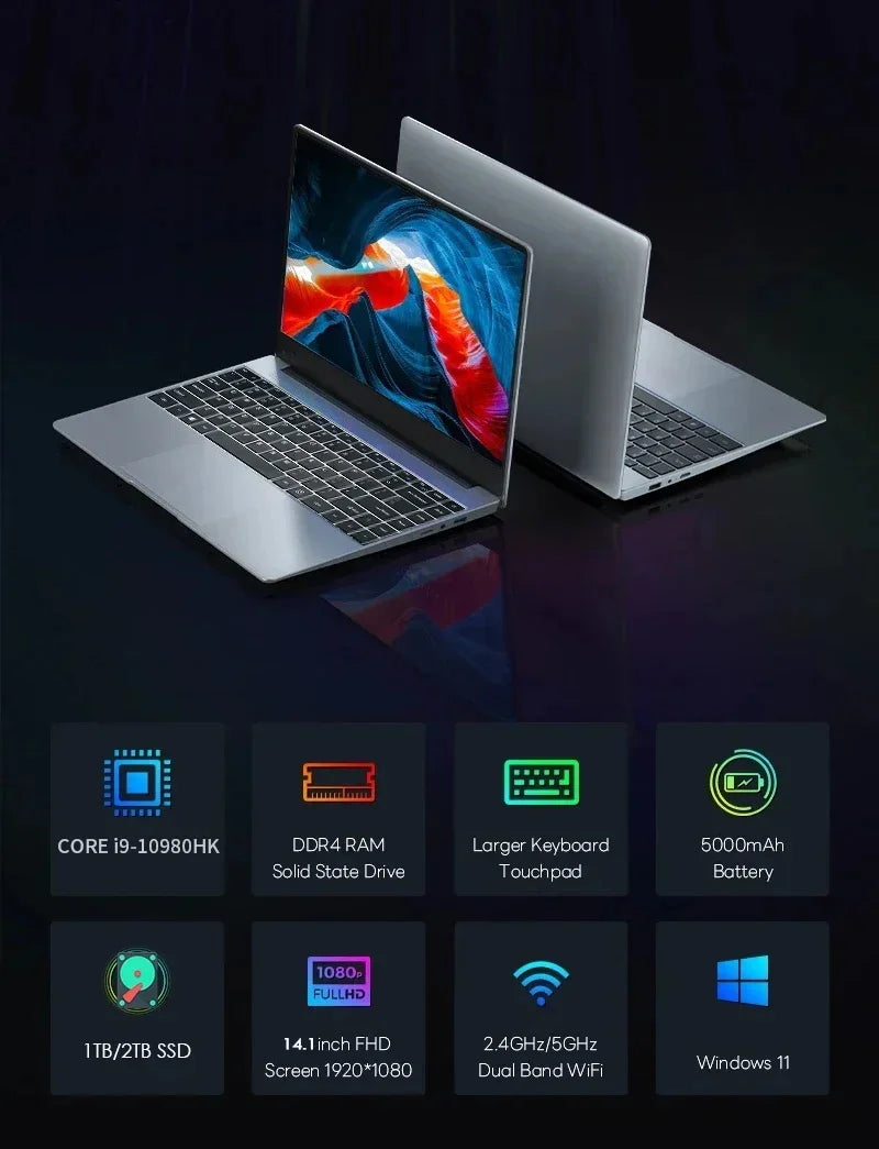 2026 New Core i9 10980HK Laptops Windows 11 14.1'' Portable Gaming Laptop Computer 16GB RAM 1/2TB SSD Office Gaming PC Notebook