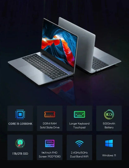 2026 New Core i9 10980HK Laptops Windows 11 14.1'' Portable Gaming Laptop Computer 16GB RAM 1/2TB SSD Office Gaming PC Notebook