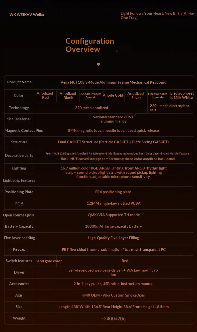 WEIKAV NUT108 Mechanical Keyboard Aluminum Alloy Wireless Tri Mode Double GASKET Structure Office Gaming Keyboard PC Accessory
