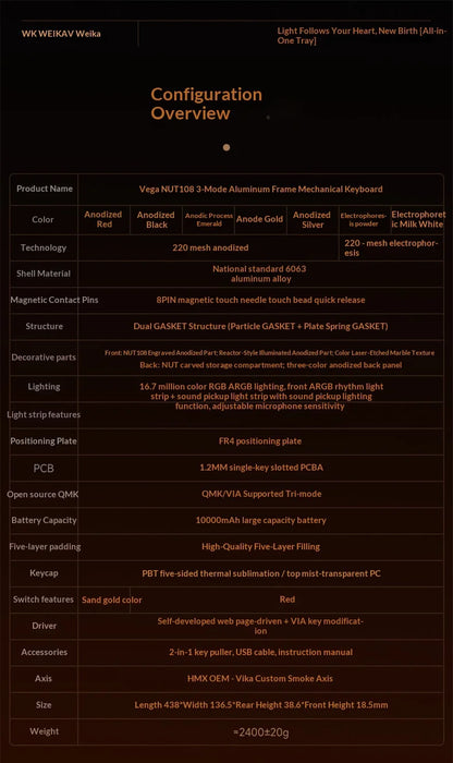 WEIKAV NUT108 Mechanical Keyboard Aluminum Alloy Wireless Tri Mode Double GASKET Structure Office Gaming Keyboard PC Accessory