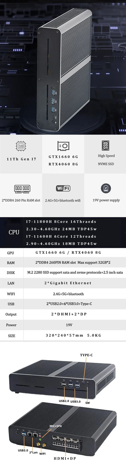 11th Gen Upgraded Version MINI Gaming PC Intel Core I7-11800H RTX 3070 8G RTX3060M 12G RTX4060 8G GPU 2 * DDR4 4 Screen Output