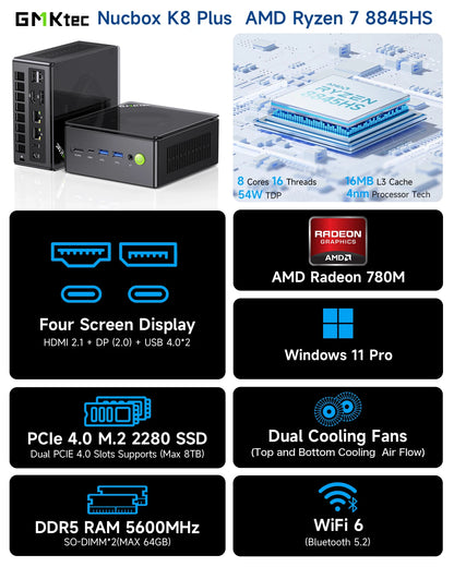 GMKtec K8 Plus Mini PC AMD R7 8845HS 8-core 16-thread DDR5 5600Mhz Pcie 4.0 SSD WIFI6 BT5.2 Win11 Pro Desktop Gaming PC