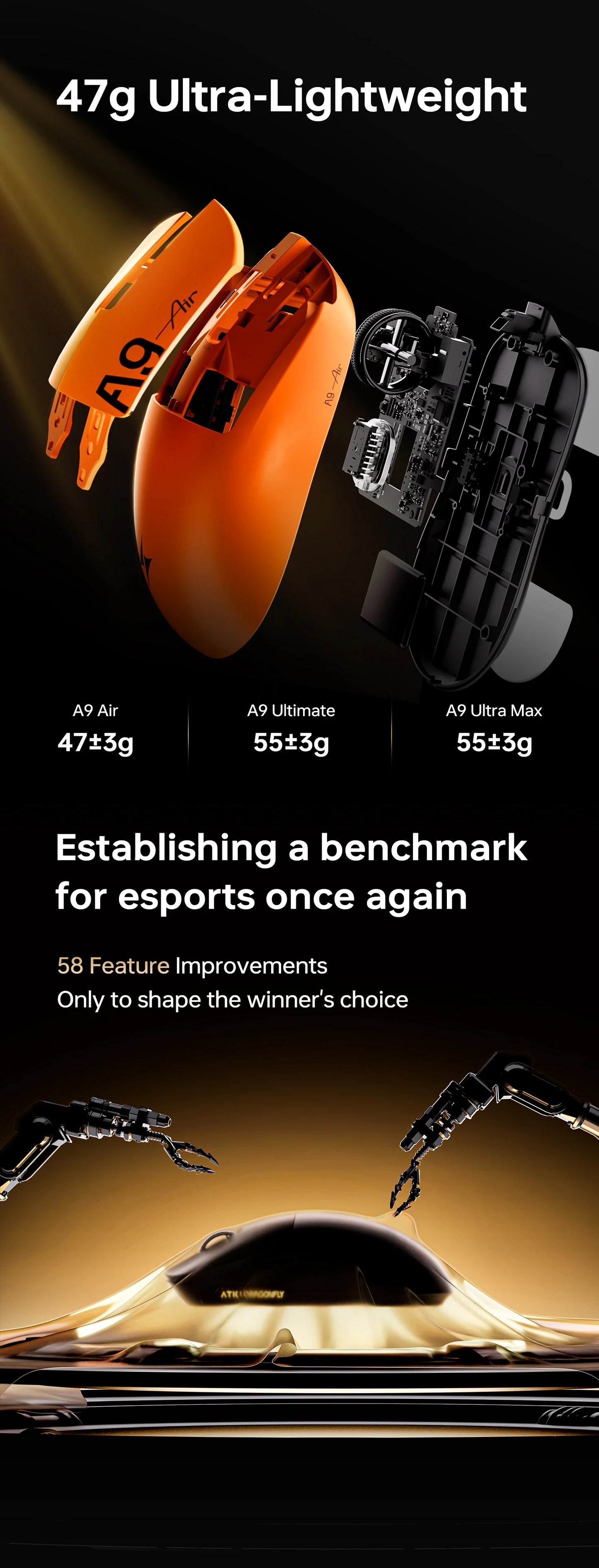 ATK A9 Air Ultimate Wireless Gaming Mouse Tri-Model Dual 8KHz PAW3950UItra 42000DPI 750IPS 53g Lightweight Ergonomic E-sports