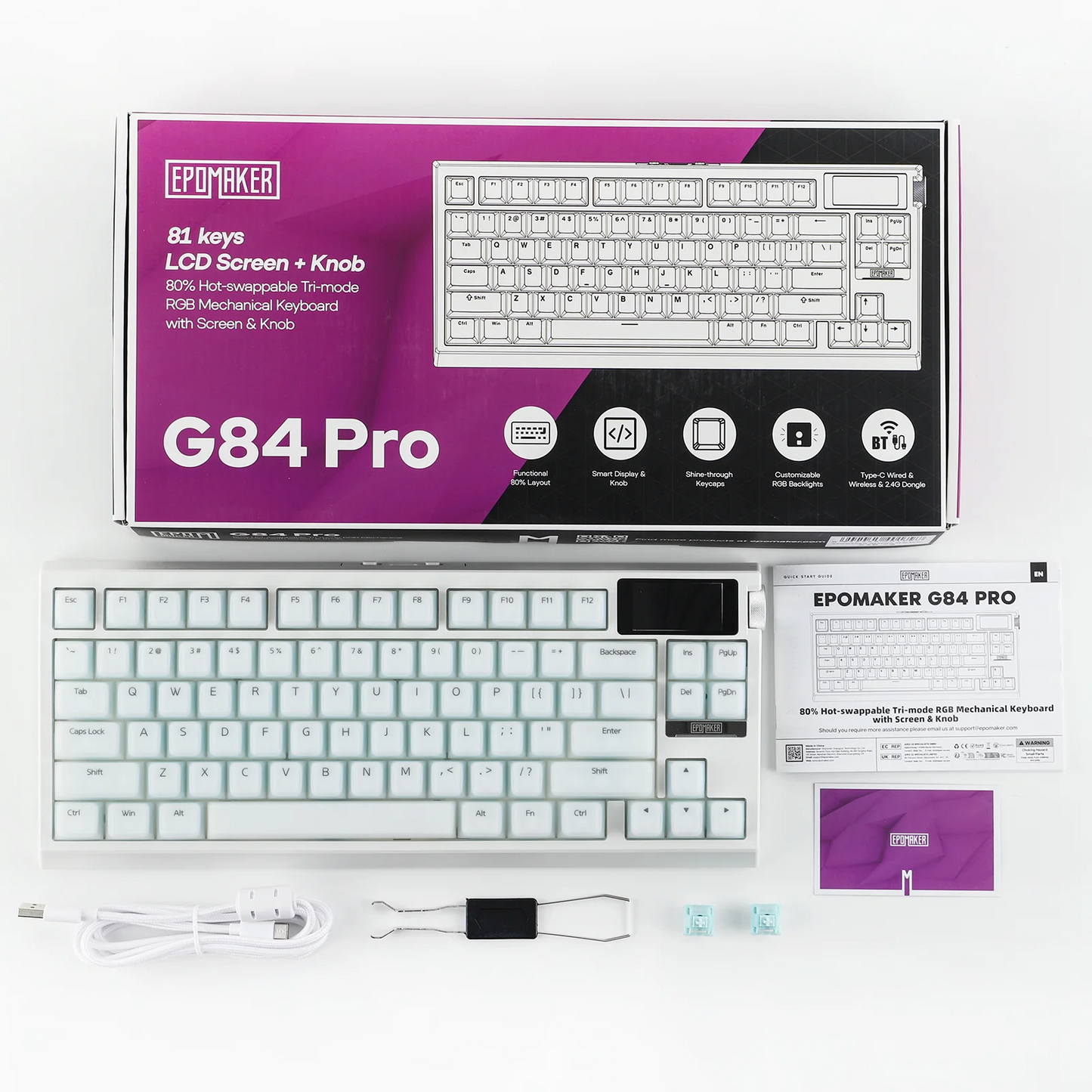 EPOMAKER G84 PRO 80% ANSI US QWERTY Layout Wired/Bluetooth/2.4Ghz Wireless Mechanical Gaming Keyboard Glass Screen & Metal Knob