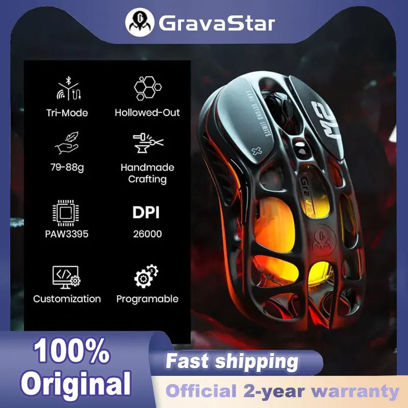 New GravaStar Mercury M2 Wireless Gaming Mouse, Lightweight Hollowed-Out Design, 5 Programmable DPI,26,000 DPI, PAW3395DM Sensor