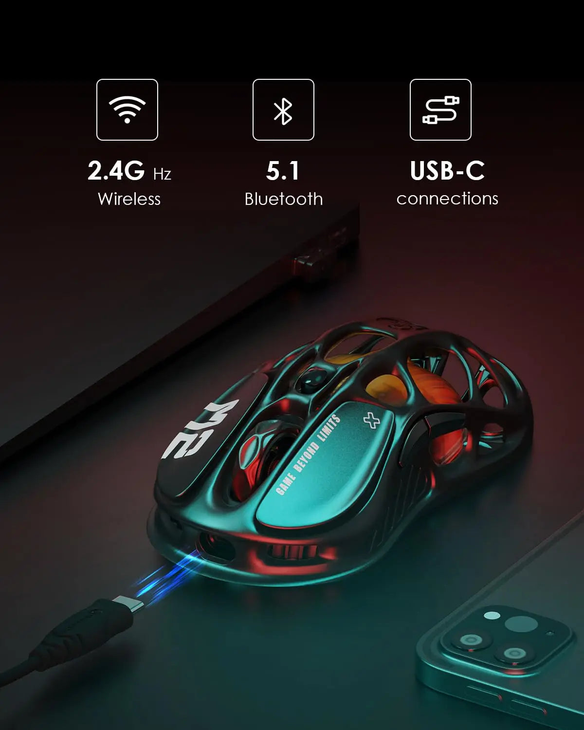 New GravaStar Mercury M2 Wireless Gaming Mouse, Lightweight Hollowed-Out Design, 5 Programmable DPI,26,000 DPI, PAW3395DM Sensor