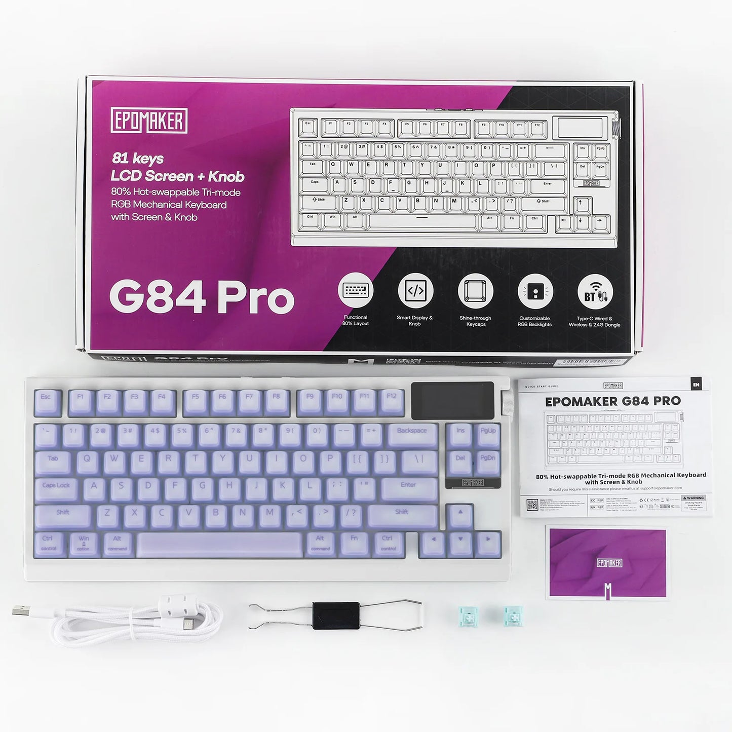 EPOMAKER G84 PRO 80% ANSI US QWERTY Layout Wired/Bluetooth/2.4Ghz Wireless Mechanical Gaming Keyboard Glass Screen & Metal Knob