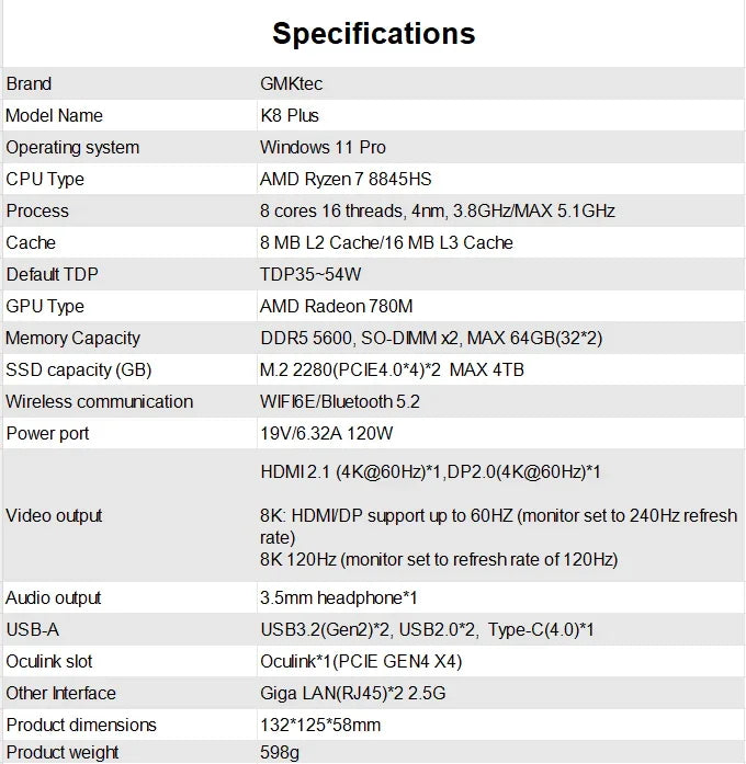 GMKtec K8 Plus Mini PC AMD R7 8845HS 8-core 16-thread DDR5 5600Mhz Pcie 4.0 SSD WIFI6 BT5.2 Win11 Pro Desktop Gaming PC